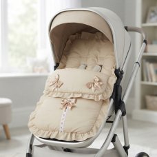 Plain Beige/ Beige Footmuff/Cosytoes With Large Bows & Lace
